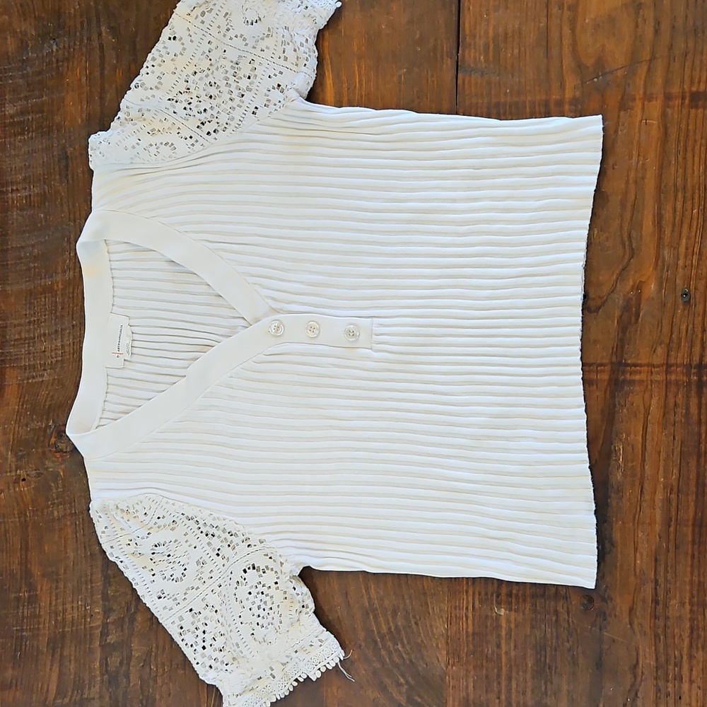 Anthropologie White Ribbed Top with Lace Sleeves